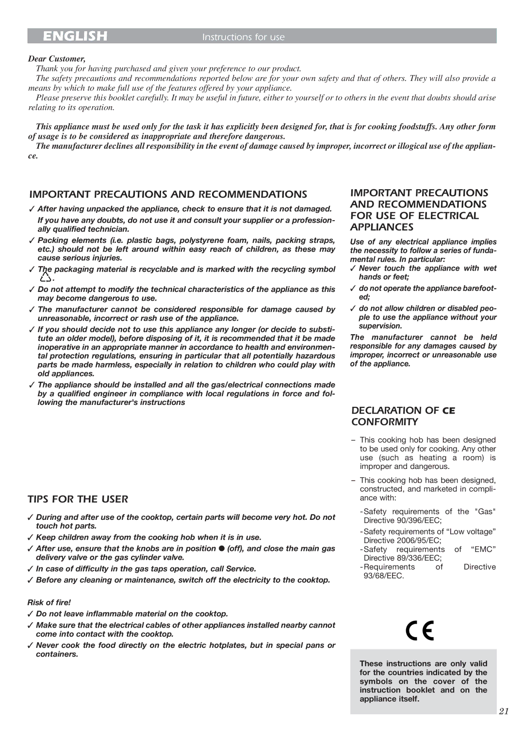 CDA HCE340 manual English, Important Precautions and Recommendations, Tips for the User, Declaration of CE Conformity 