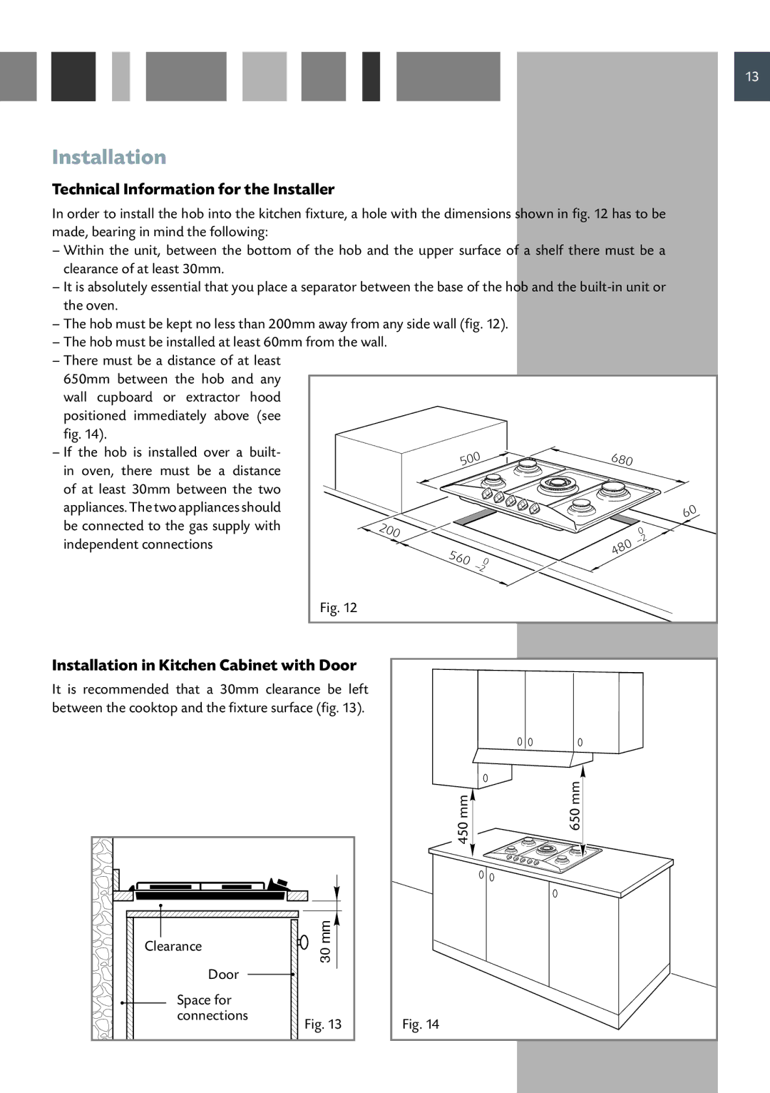 CDA HCG 741, HCG 731 manual Technical Information for the Installer, Installation in Kitchen Cabinet with Door 