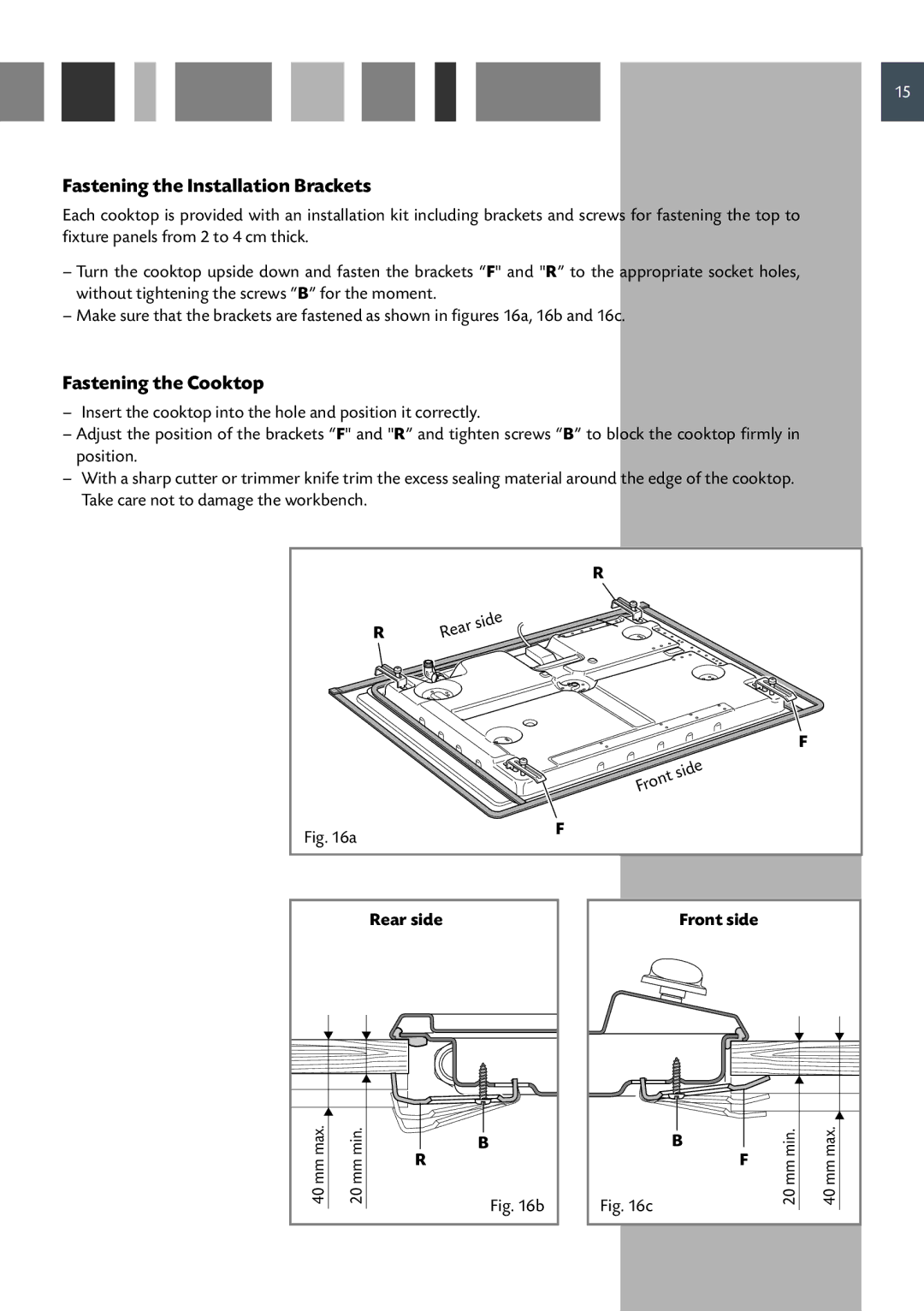 CDA HCG 741, HCG 731 manual Fastening the Installation Brackets, Fastening the Cooktop, Rear side, Front side 