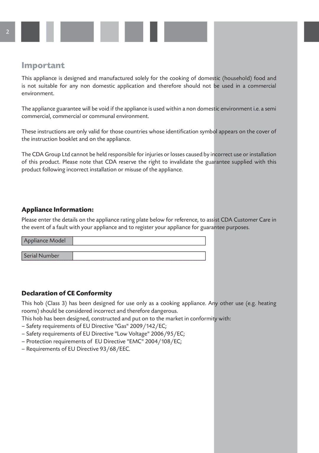 CDA HCG 731, HCG 741 manual Appliance Information, Declaration of CE Conformity 