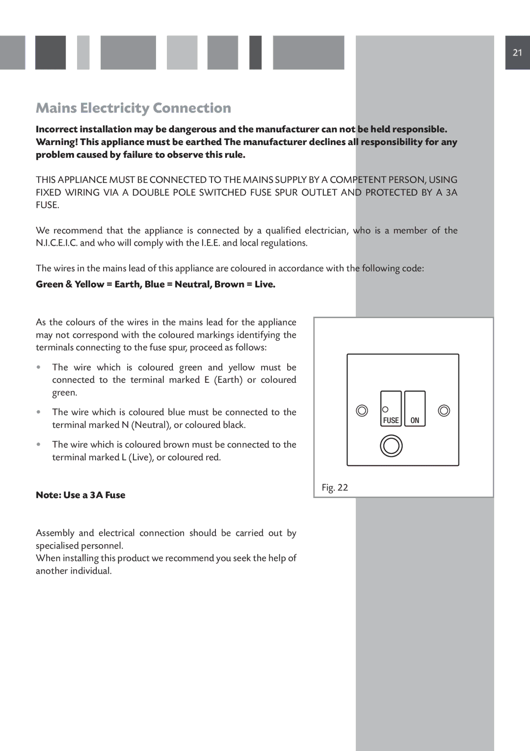 CDA HCG 741, HCG 731 manual Mains Electricity Connection, Green & Yellow = Earth, Blue = Neutral, Brown = Live 