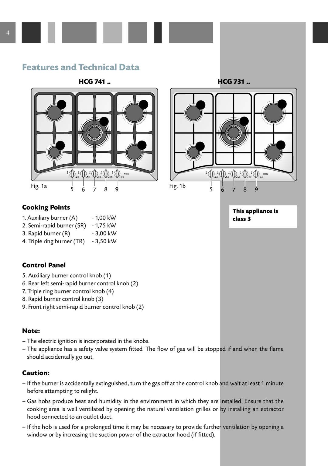 CDA HCG 731, HCG 741 manual Features and Technical Data, HCG Cooking Points, Control Panel, This appliance is, Class 