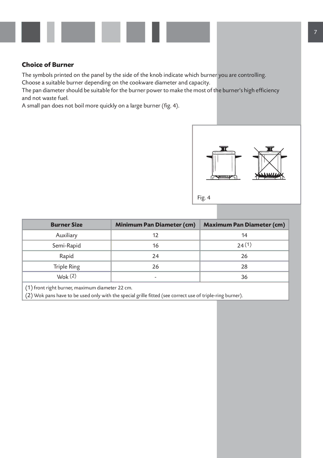 CDA HCG 741, HCG 731 manual Choice of Burner, Maximum Pan Diameter cm 