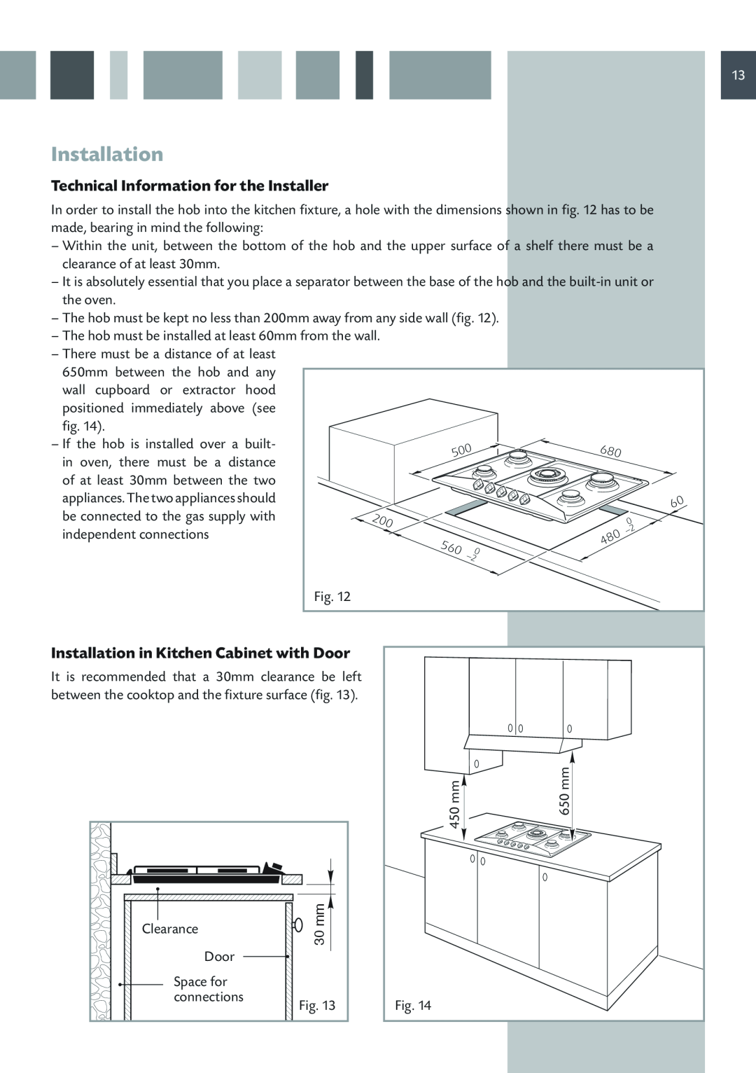 CDA HCG 741, HCG 731 manual Technical Information for the Installer, Installation in Kitchen Cabinet with Door 