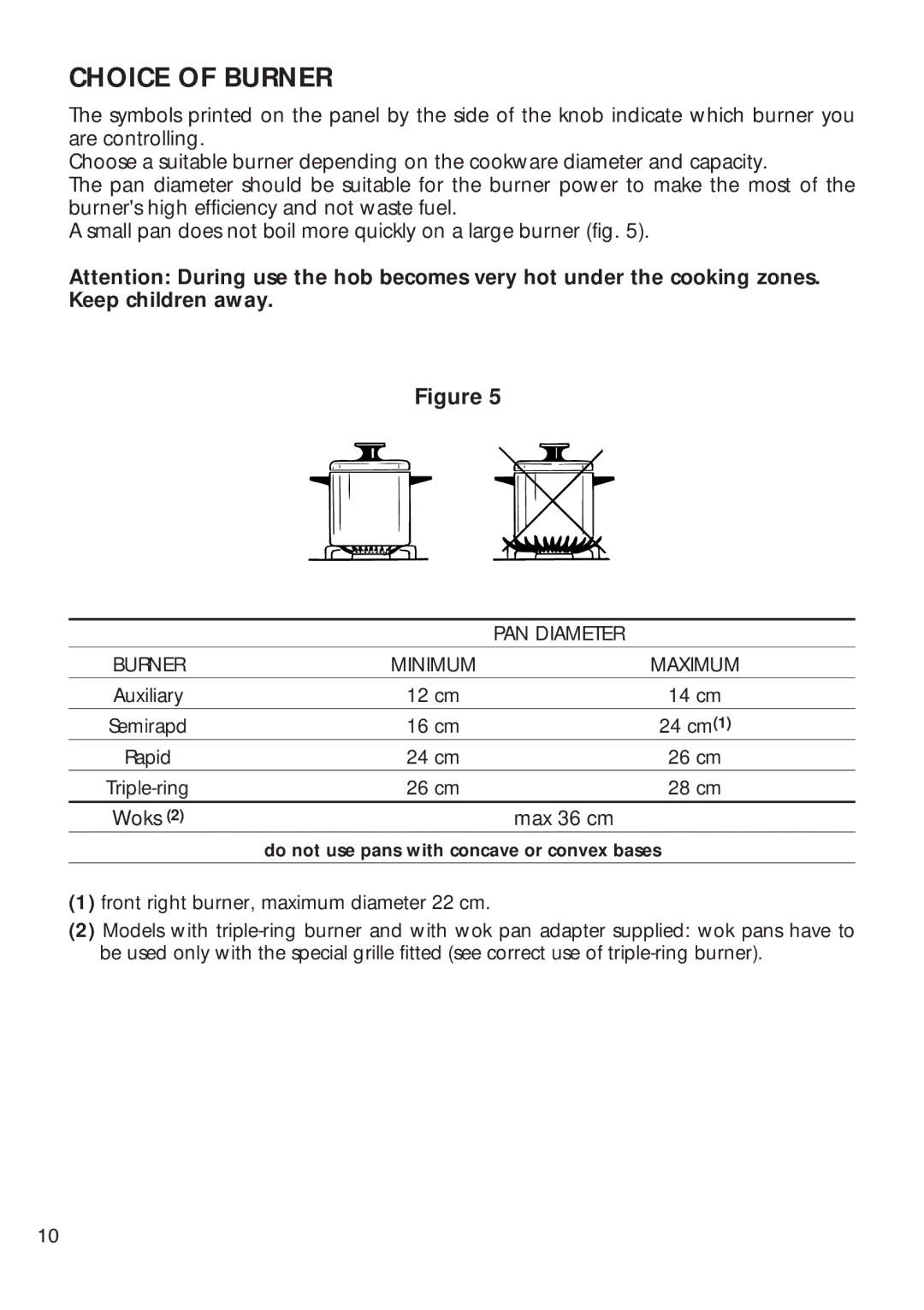 CDA HCG 740, HCG 730 installation instructions Choice of Burner, Max 36 cm 