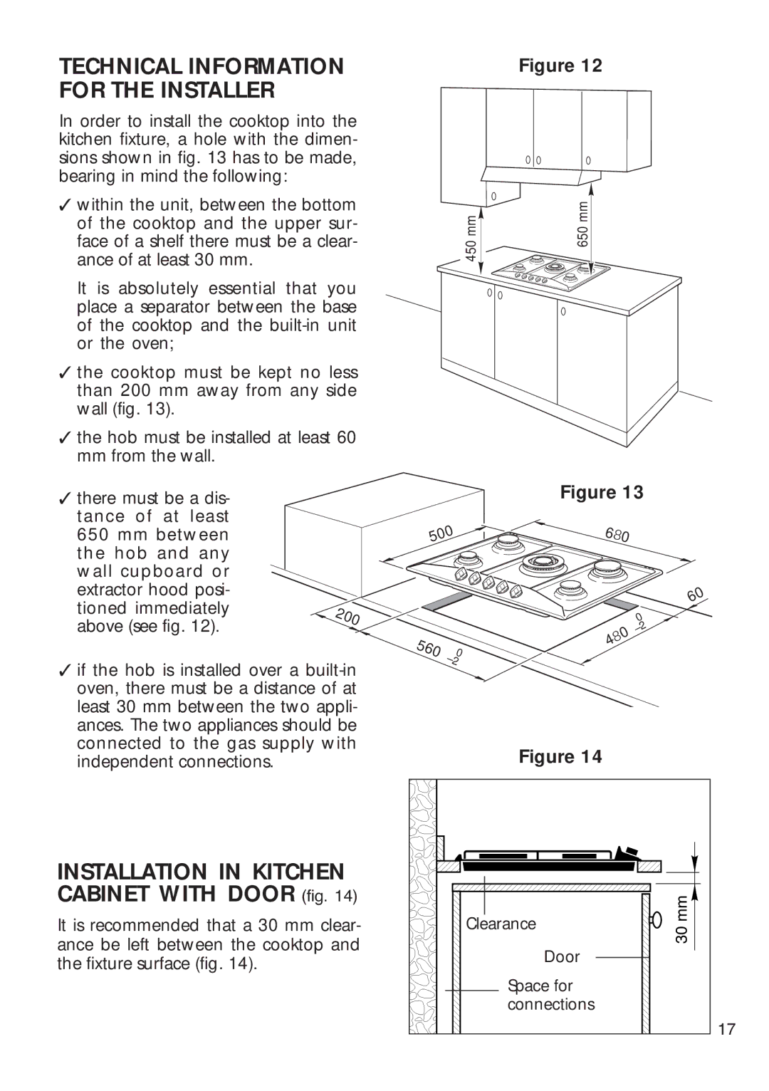 CDA HCG 730, HCG 740 Technical Information for the Installer, Installation in Kitchen Cabinet with Door fig 