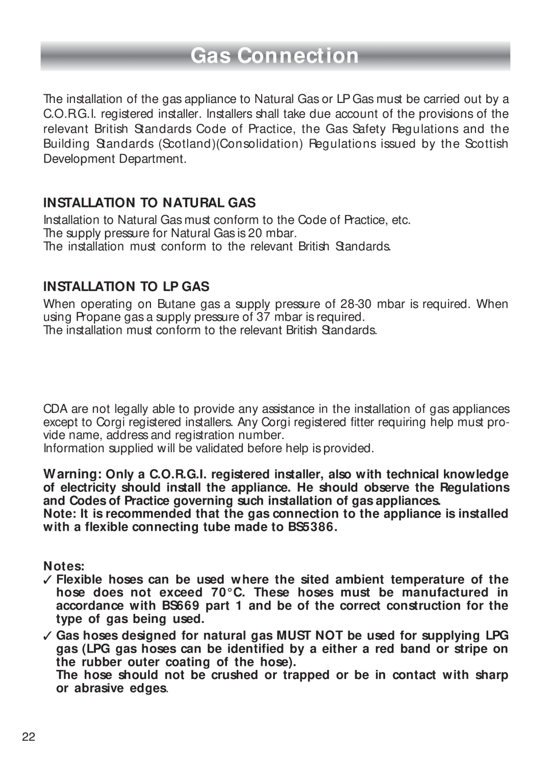 CDA HCG 740, HCG 730 installation instructions Gas Connection, Installation to Natural GAS 