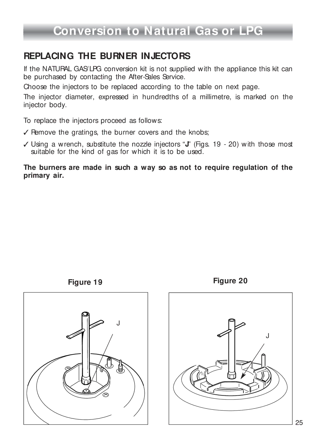 CDA HCG 730, HCG 740 installation instructions Conversion to Natural Gas or LPG, Replacing the Burner Injectors 