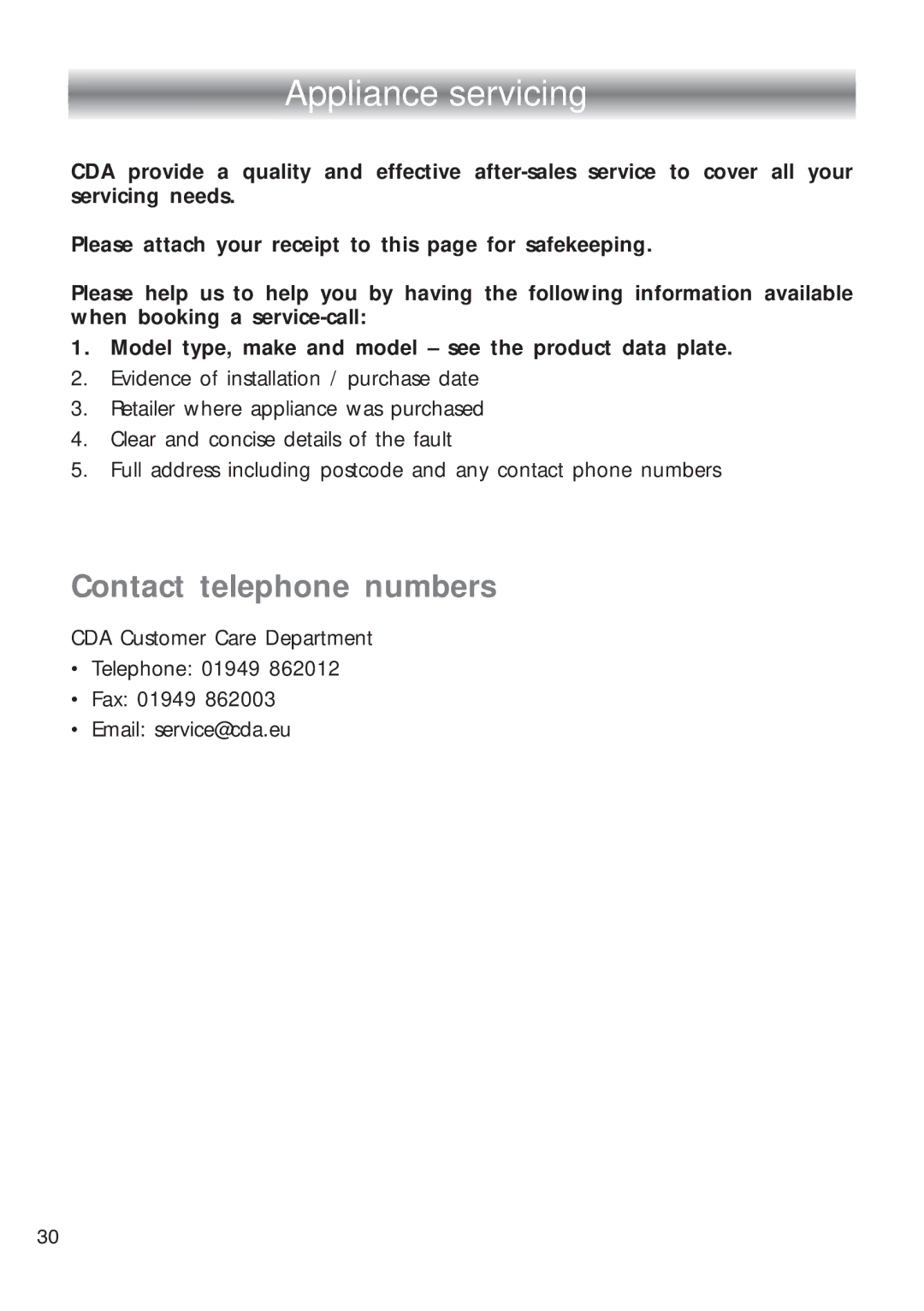 CDA HCG 740, HCG 730 installation instructions Appliance servicing 