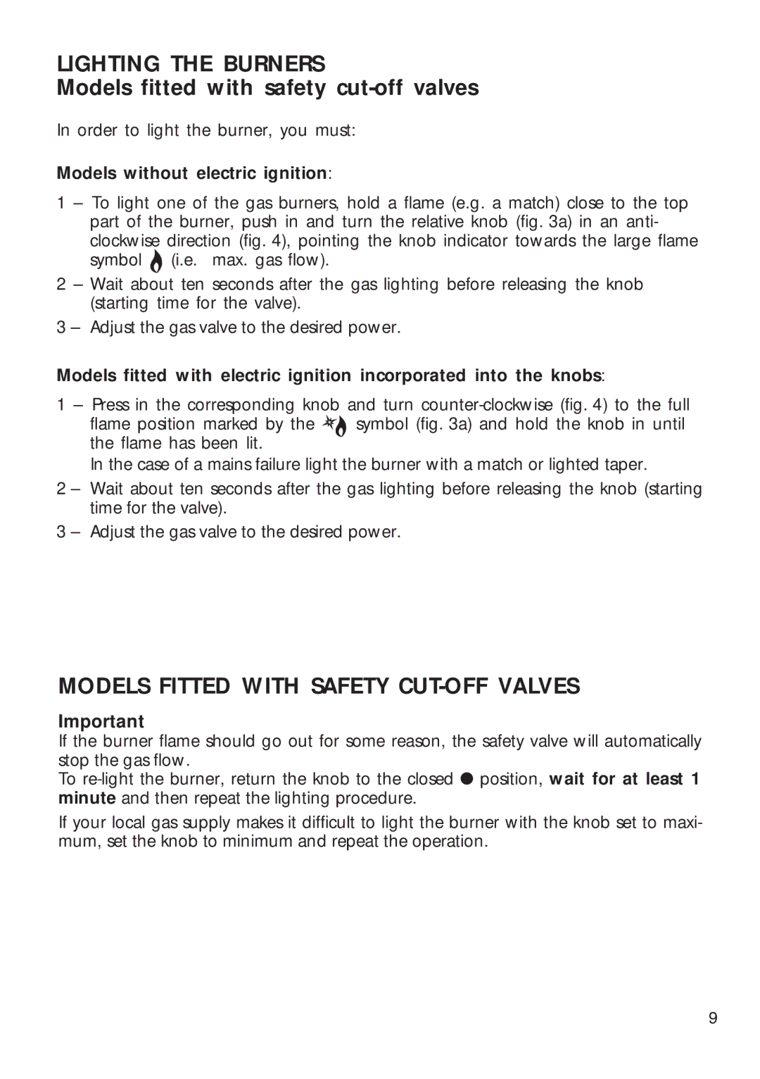 CDA HCG 730, HCG 740 Models fitted with safety cut-off valves, Models Fitted with Safety CUT-OFF Valves 