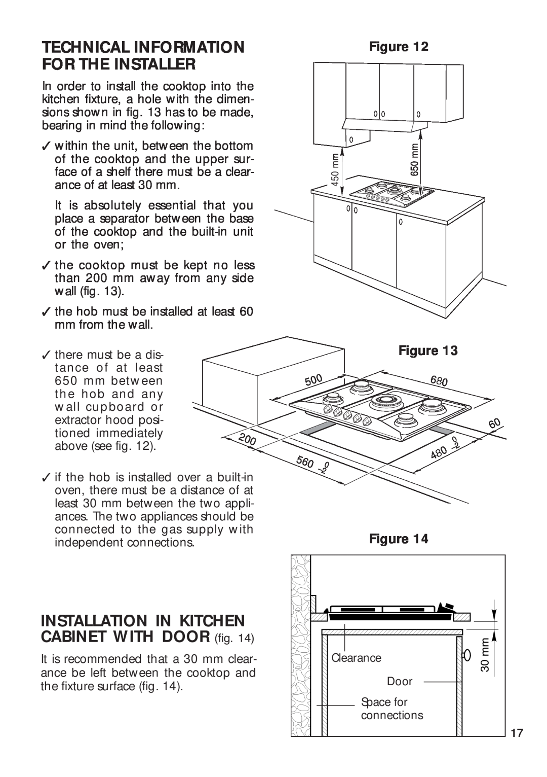 CDA HCG 730, HCG 740 Technical Information For The Installer, INSTALLATION IN KITCHEN CABINET WITH DOOR fig 