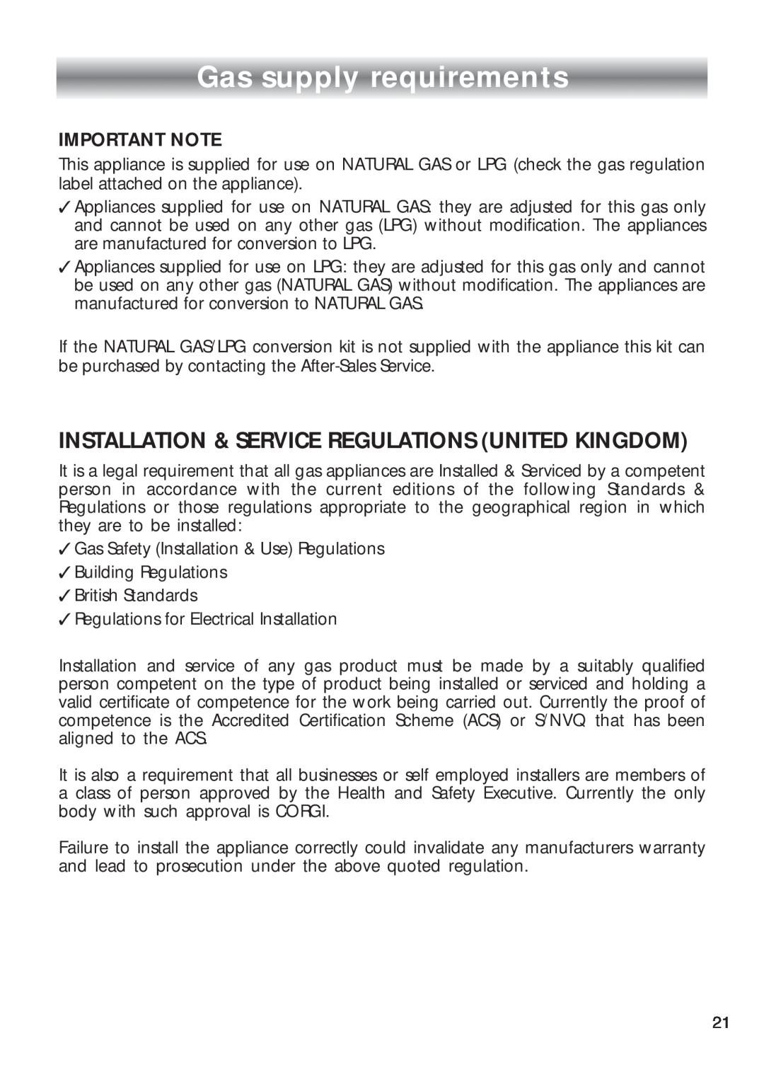 CDA HCG 730, HCG 740 installation instructions Gas supply requirements, Installation & Service Regulations United Kingdom 