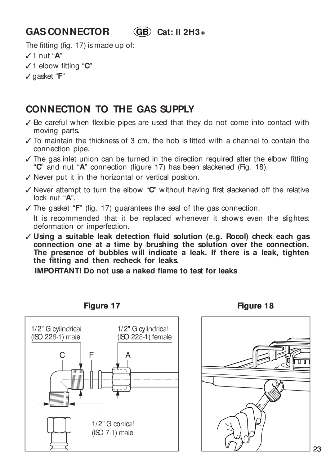 CDA HCG 730, HCG 740 installation instructions Connection To The Gas Supply, Gas Connector, GB Cat: II 2H3+ 