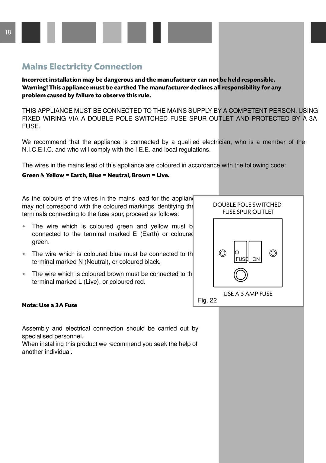 CDA HCG 931 manual Mains Electricity Connection, Green & Yellow = Earth, Blue = Neutral, Brown = Live 