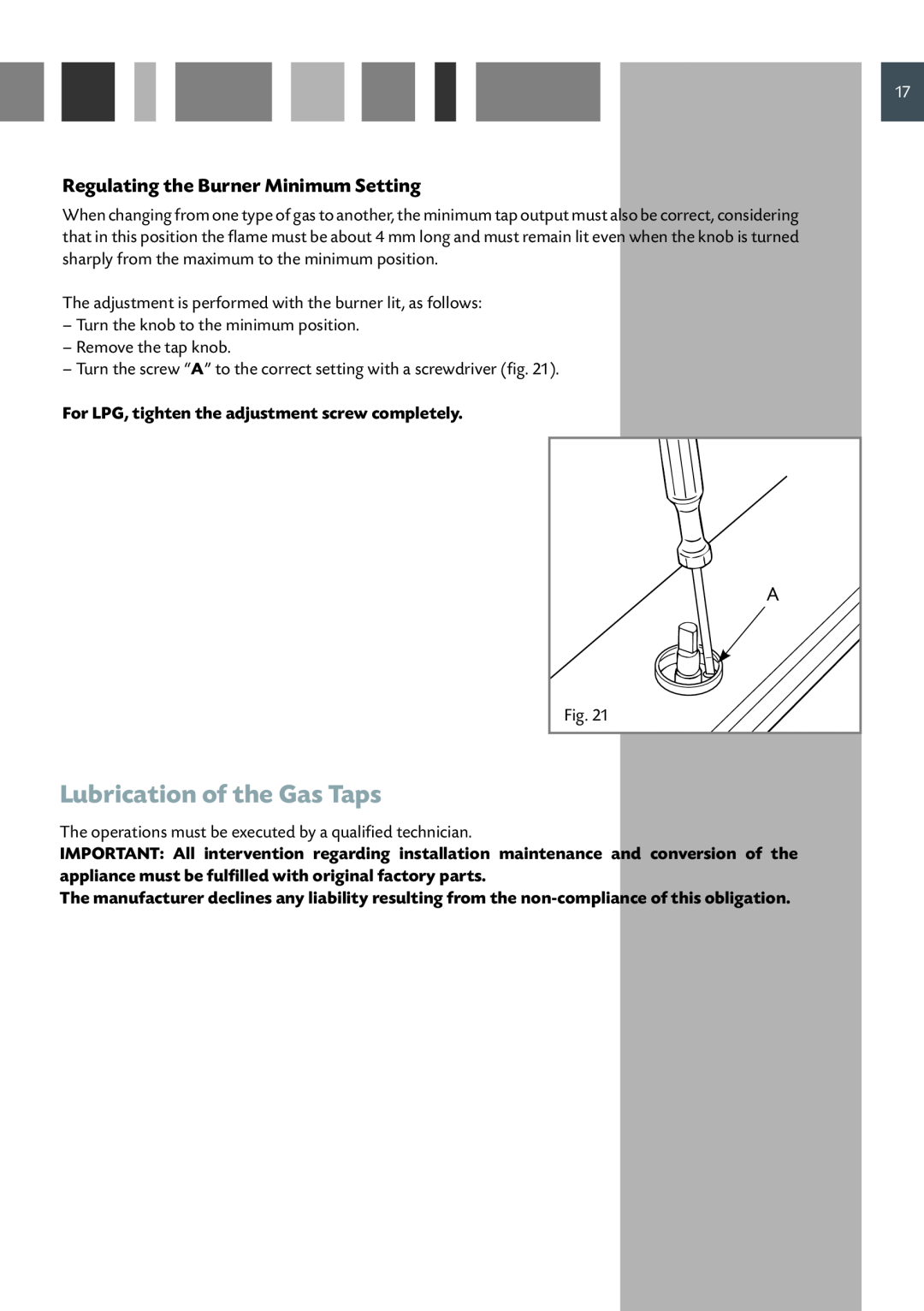 CDA HCG 931 manual Lubrication of the Gas Taps, Regulating the Burner Minimum Setting 