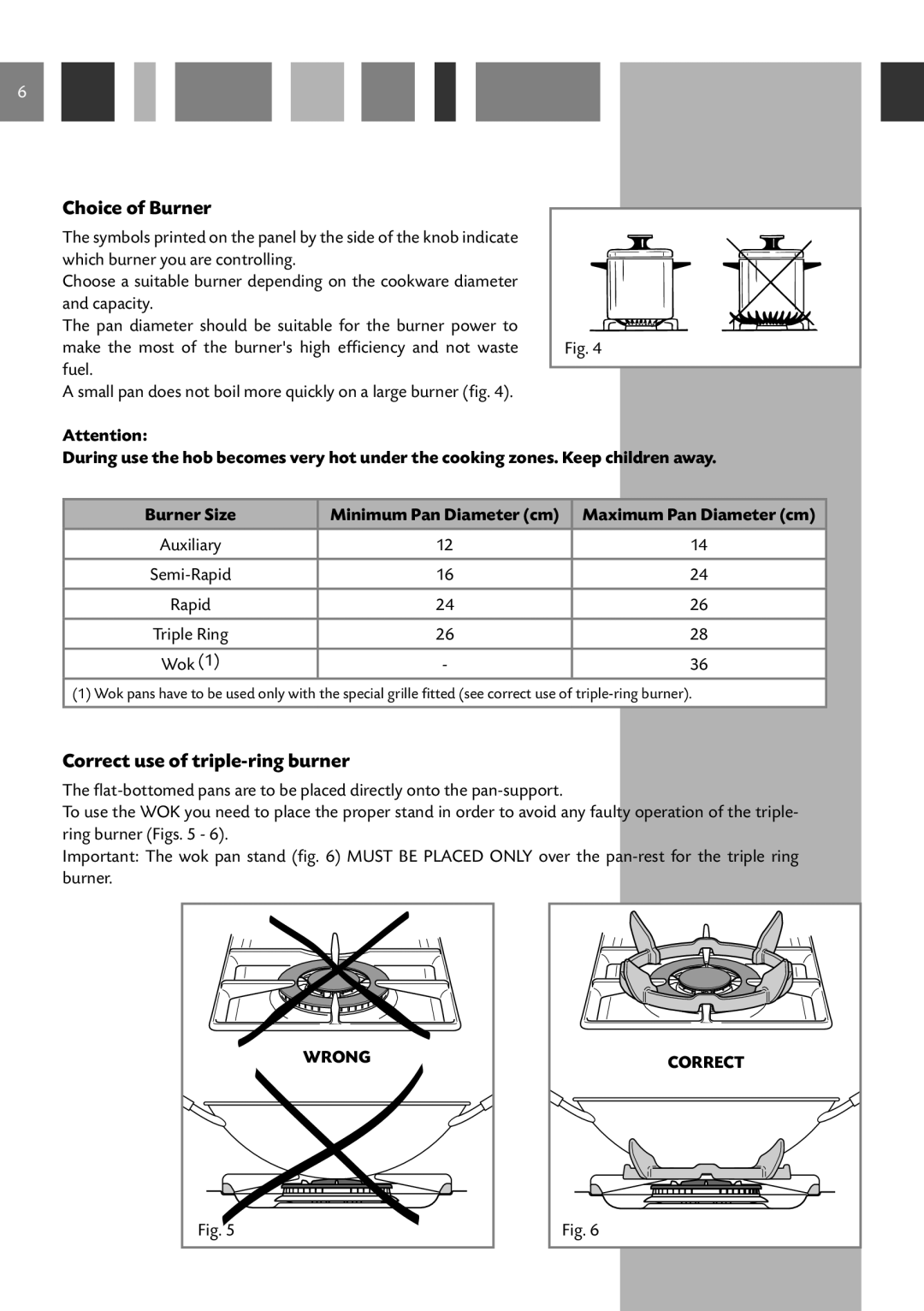 CDA HCG 931 manual Choice of Burner, Correct use of triple-ringburner, Burner Size, Wrong, Fig 