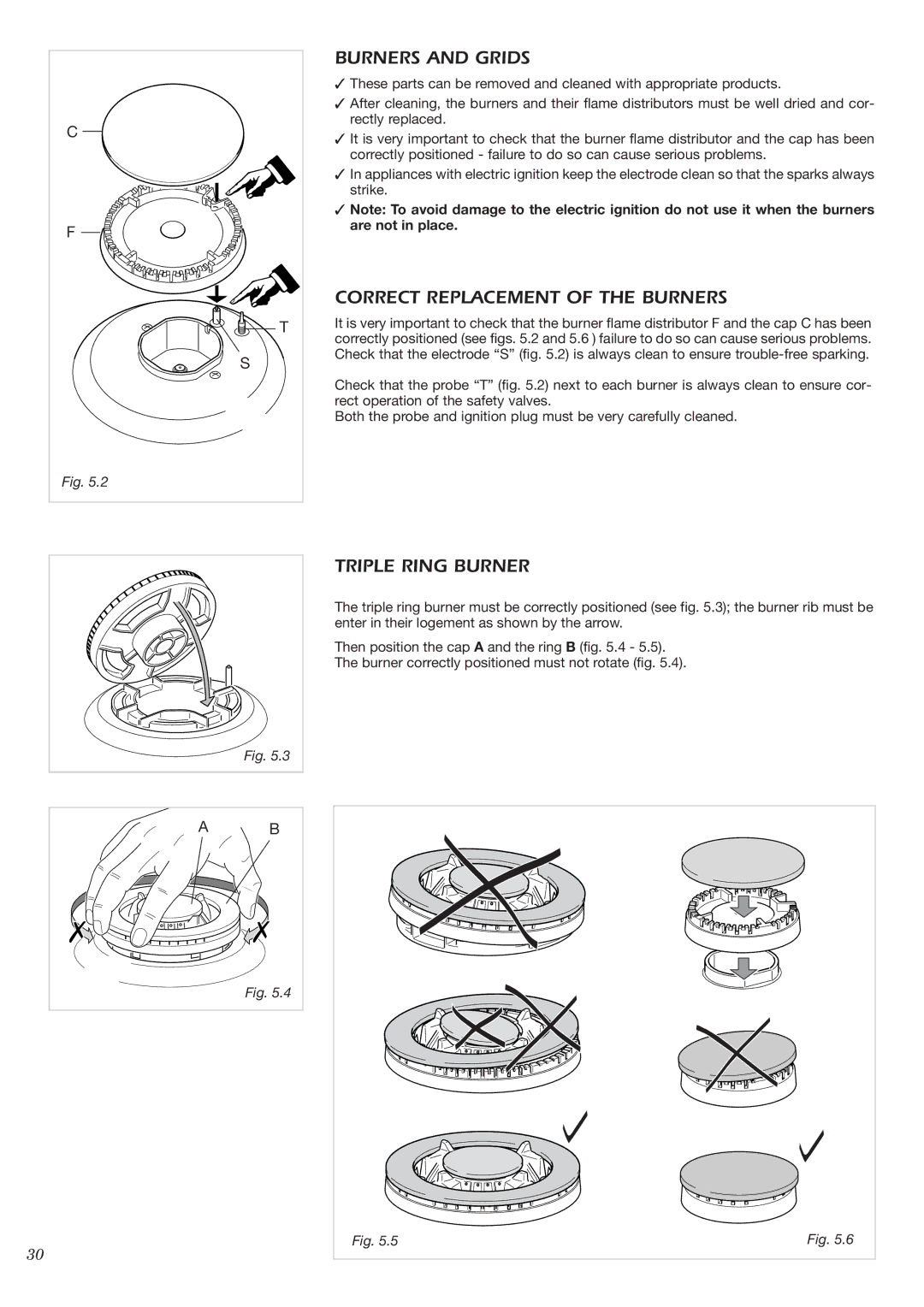 CDA HCG301 manual Burners and Grids, Correct Replacement of the Burners, Triple Ring Burner 