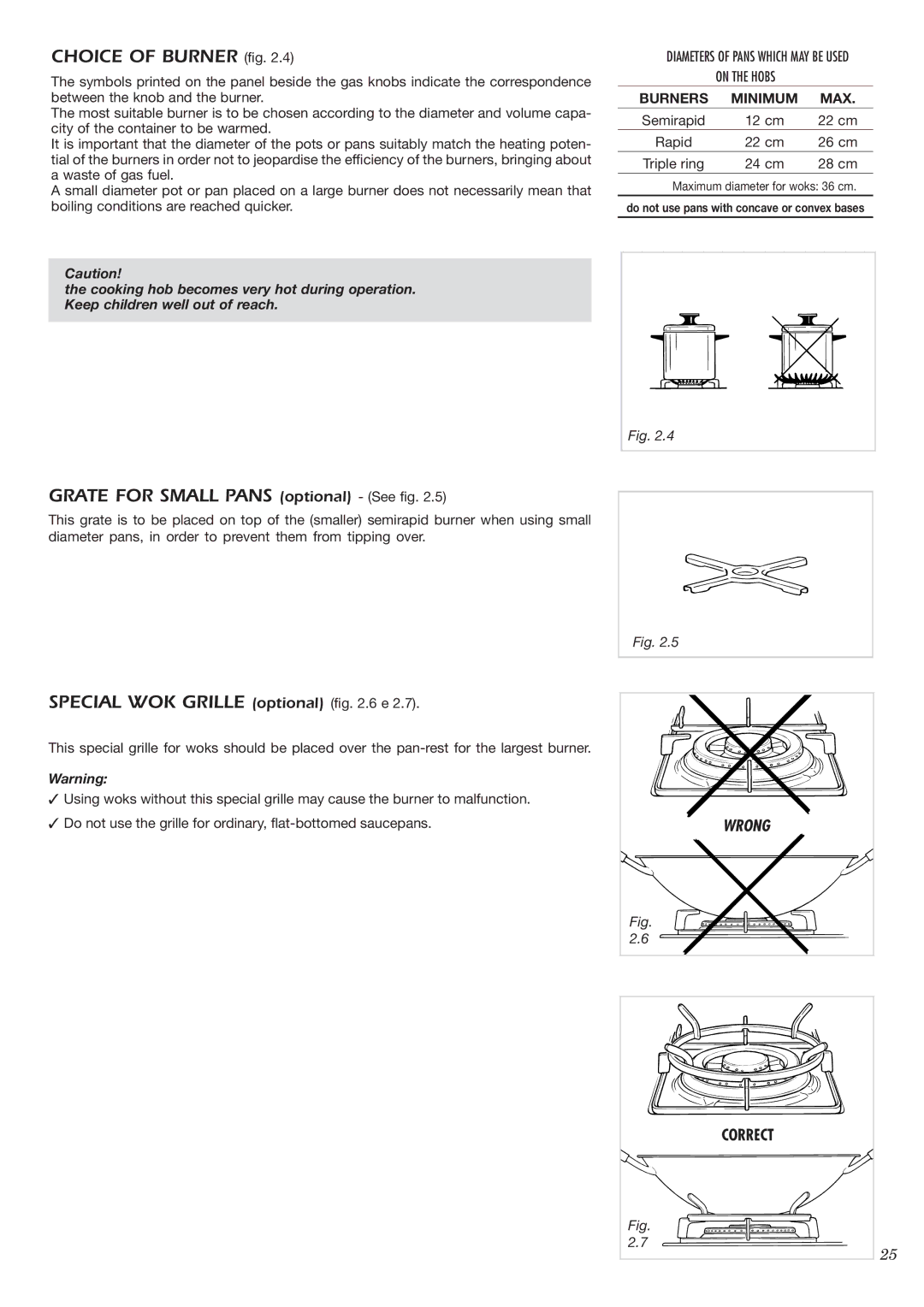 CDA HCG301 manual Choice of Burner fig, Grate for Small Pans optional See fig, Special WOK Grille optional .6 e 