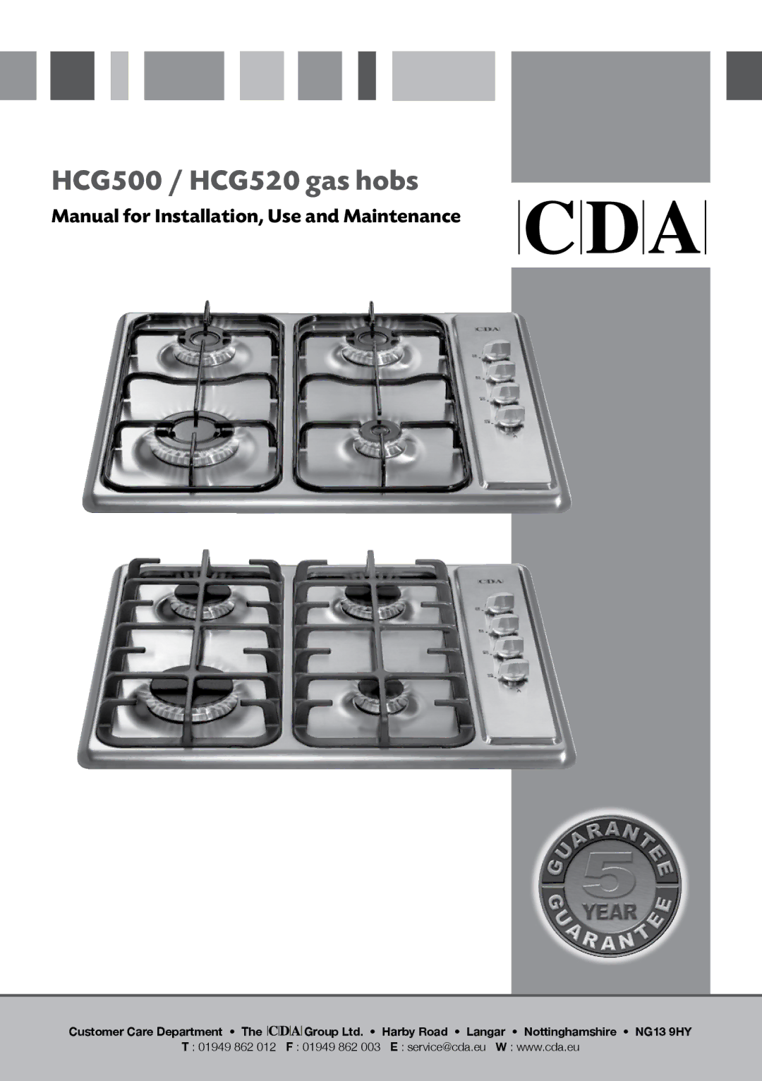 CDA manual HCG500 / HCG520 gas hobs, Customer Care Department 