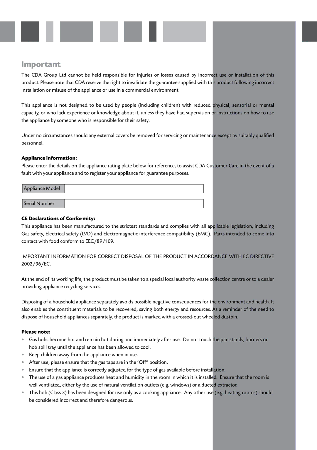 CDA HCG520, HCG500 manual Appliance information, CE Declarations of Conformity, Please note 