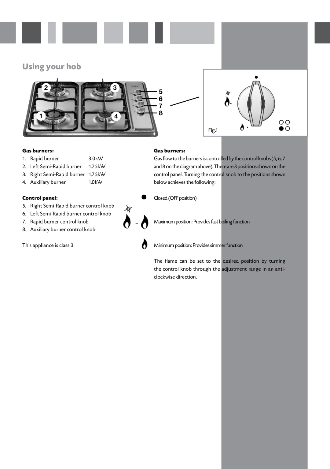 CDA HCG500, HCG520 manual Using your hob, Gas burners, Control panel 