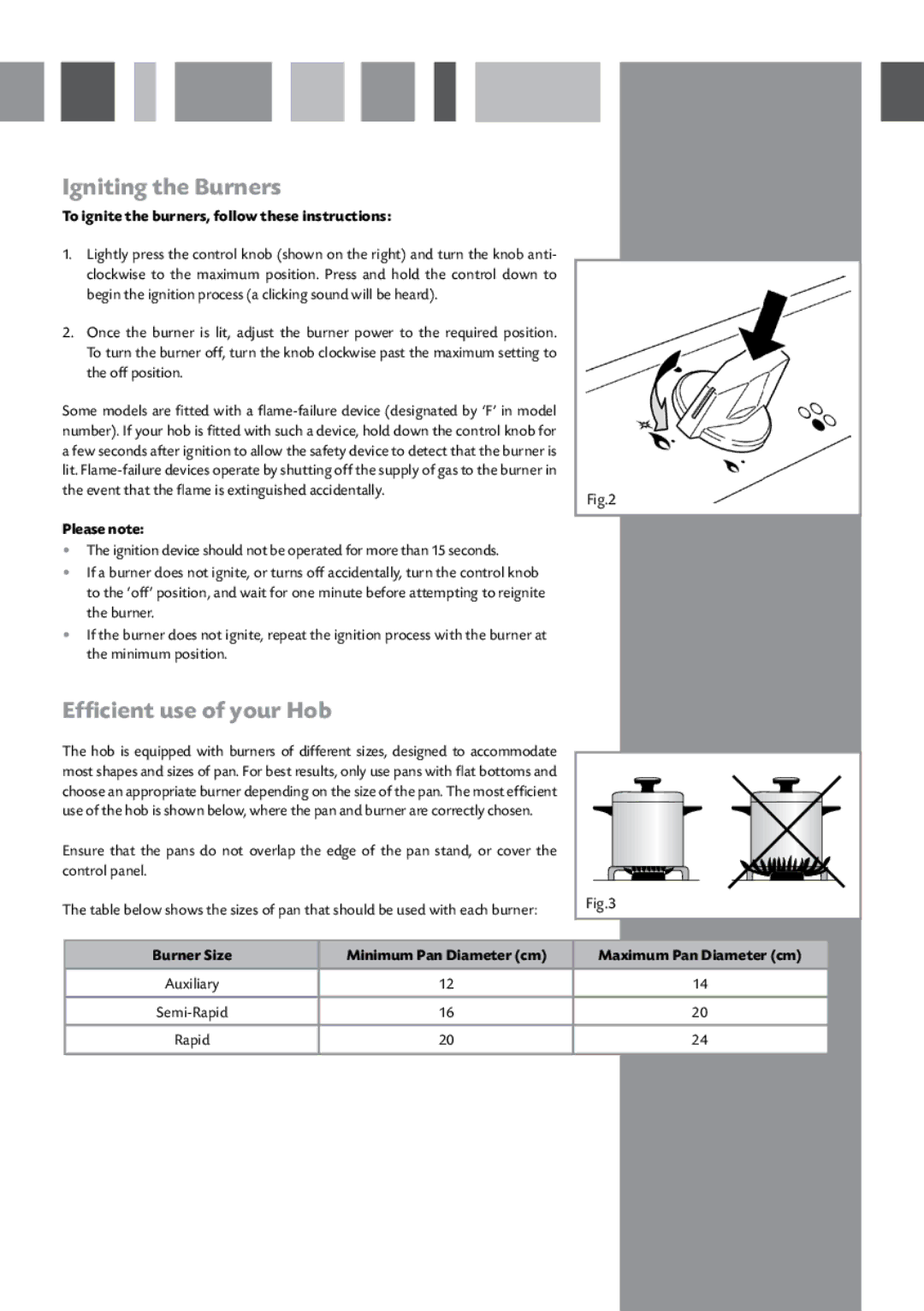 CDA HCG520, HCG500 manual Igniting the Burners, Efficient use of your Hob, To ignite the burners, follow these instructions 