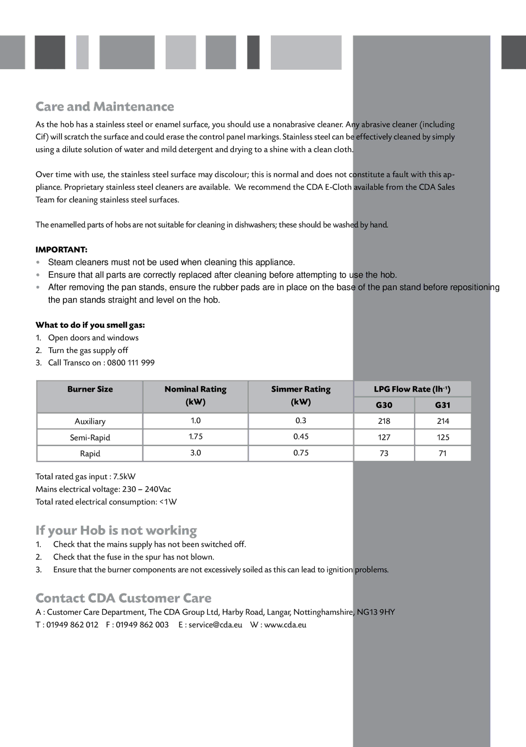 CDA HCG500 manual Care and Maintenance, If your Hob is not working, Contact CDA Customer Care, What to do if you smell gas 