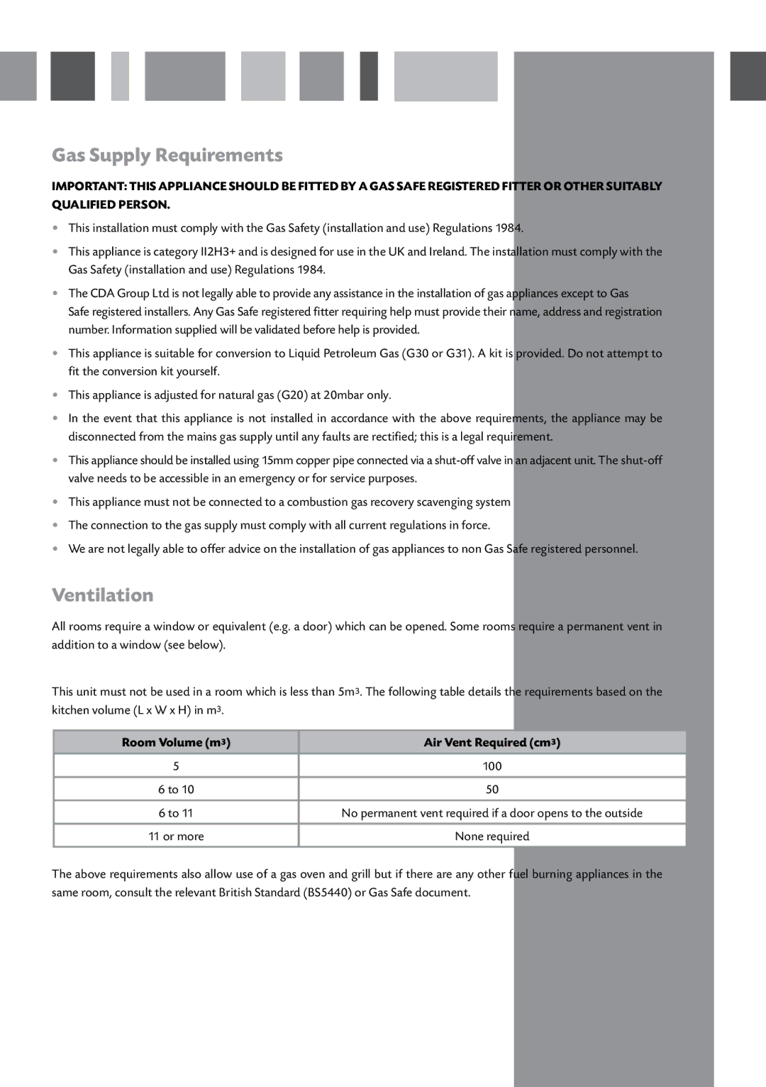 CDA HCG500, HCG520 manual Gas Supply Requirements, Ventilation, Room Volume m Air Vent Required cm 