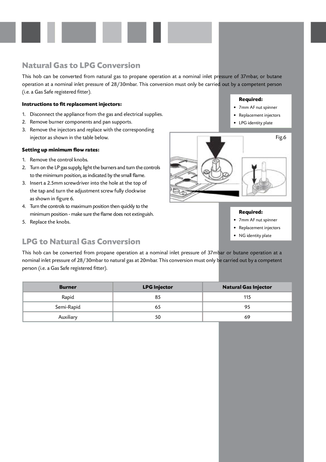 CDA HCG520, HCG500 manual Natural Gas to LPG Conversion, LPG to Natural Gas Conversion, Setting up minimum flow rates 