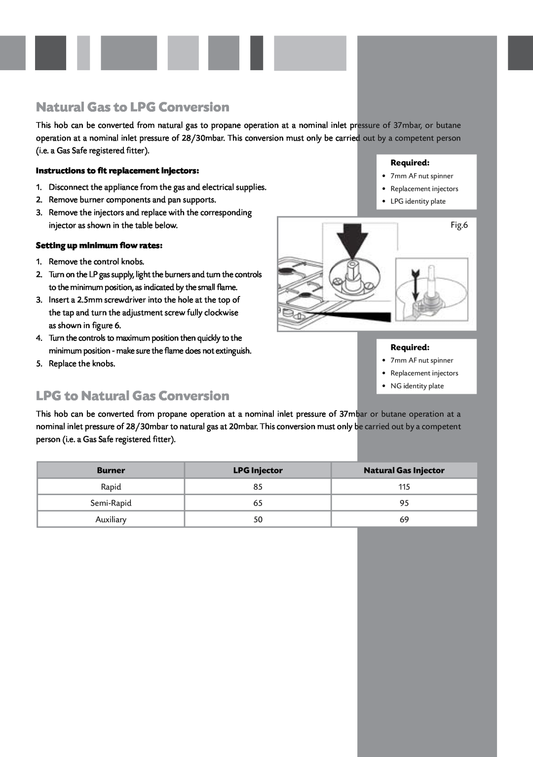 CDA HCG520 Natural Gas to LPG Conversion, LPG to Natural Gas Conversion, Instructions to fit replacement injectors, Burner 