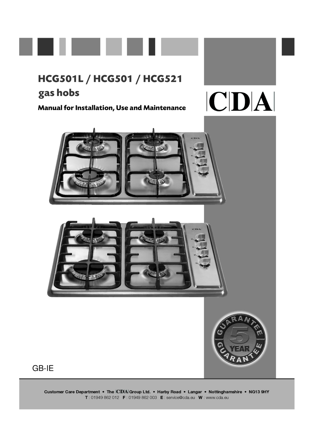 CDA manual HCG501L / HCG501 / HCG521 gas hobs, Customer Care Department 