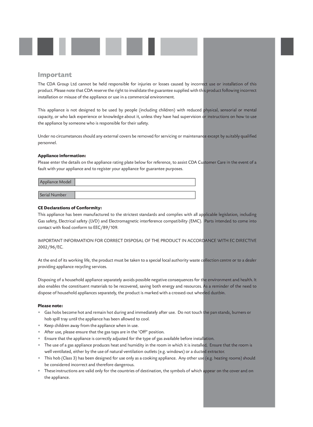 CDA HCG521, HCG501L manual Appliance information, CE Declarations of Conformity, Please note 