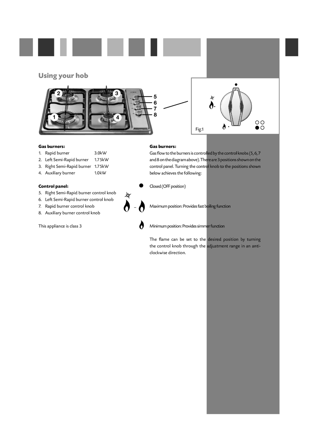 CDA HCG521, HCG501L manual Using your hob, Gas burners, Control panel 