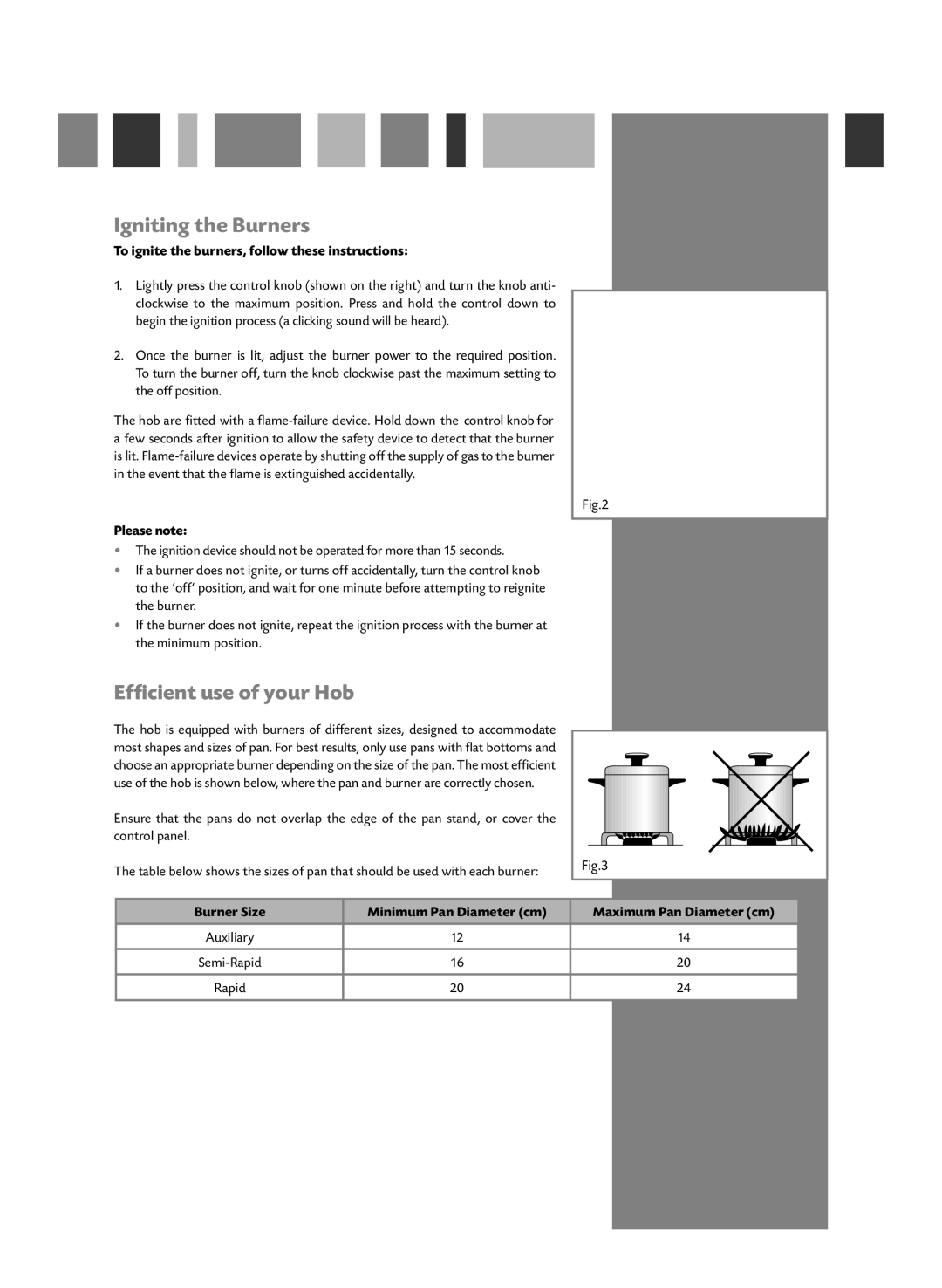 CDA HCG501L, HCG521 manual Igniting the Burners, Efficient use of your Hob, To ignite the burners, follow these instructions 