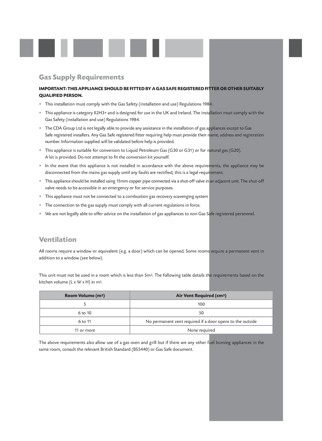 CDA HCG501L, HCG521 manual Gas Supply Requirements, Ventilation, Room Volume m Air Vent Required cm 