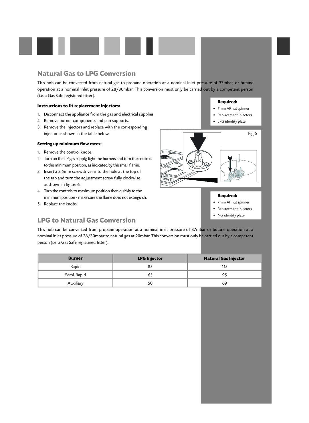 CDA HCG521, HCG501L manual Natural Gas to LPG Conversion, LPG to Natural Gas Conversion, Setting up minimum flow rates 