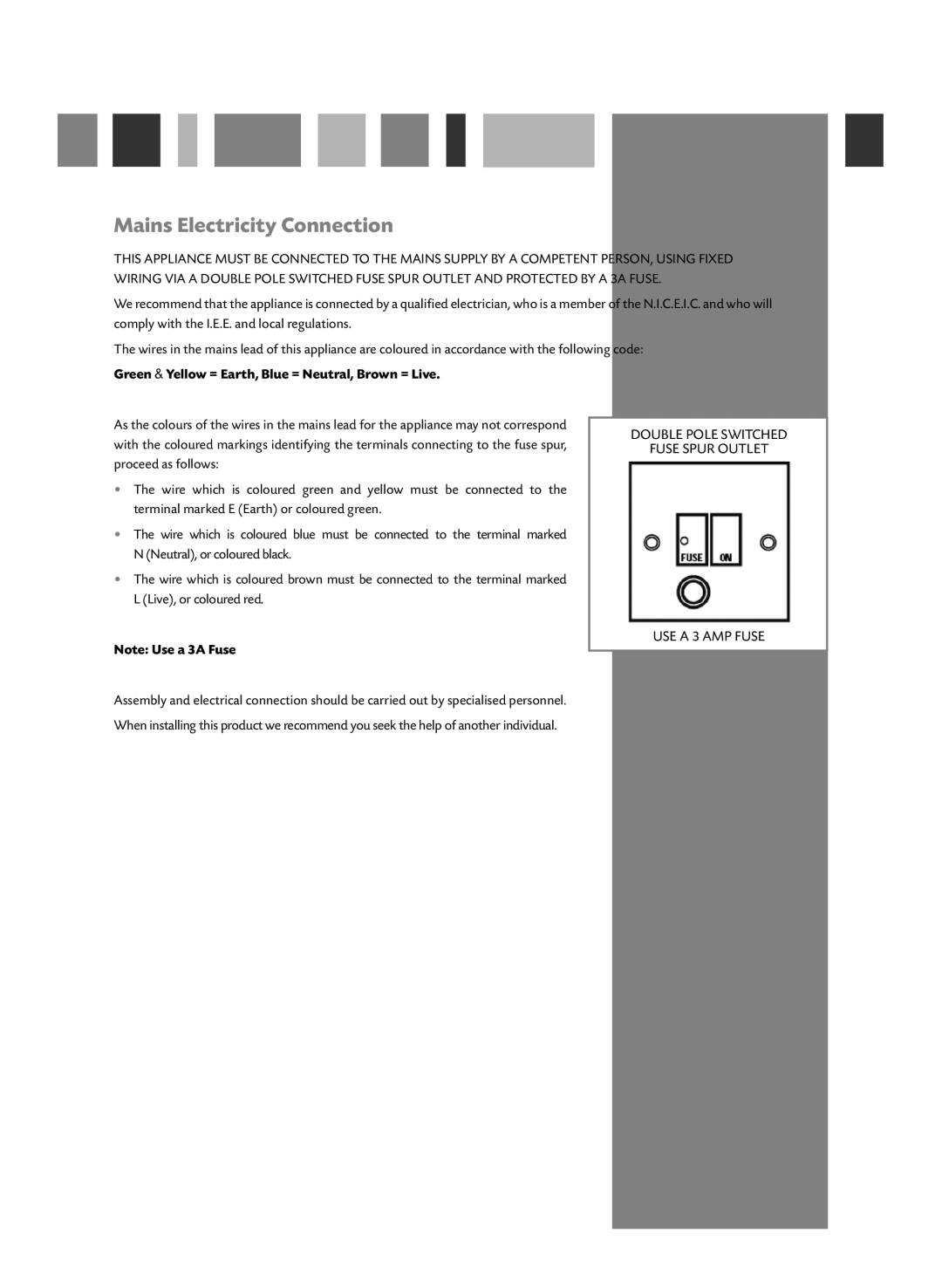 CDA HCG521 manual Mains Electricity Connection, Double Pole Switched Fuse Spur Outlet, USE A 3 AMP FUSE, Note Use a 3A Fuse 