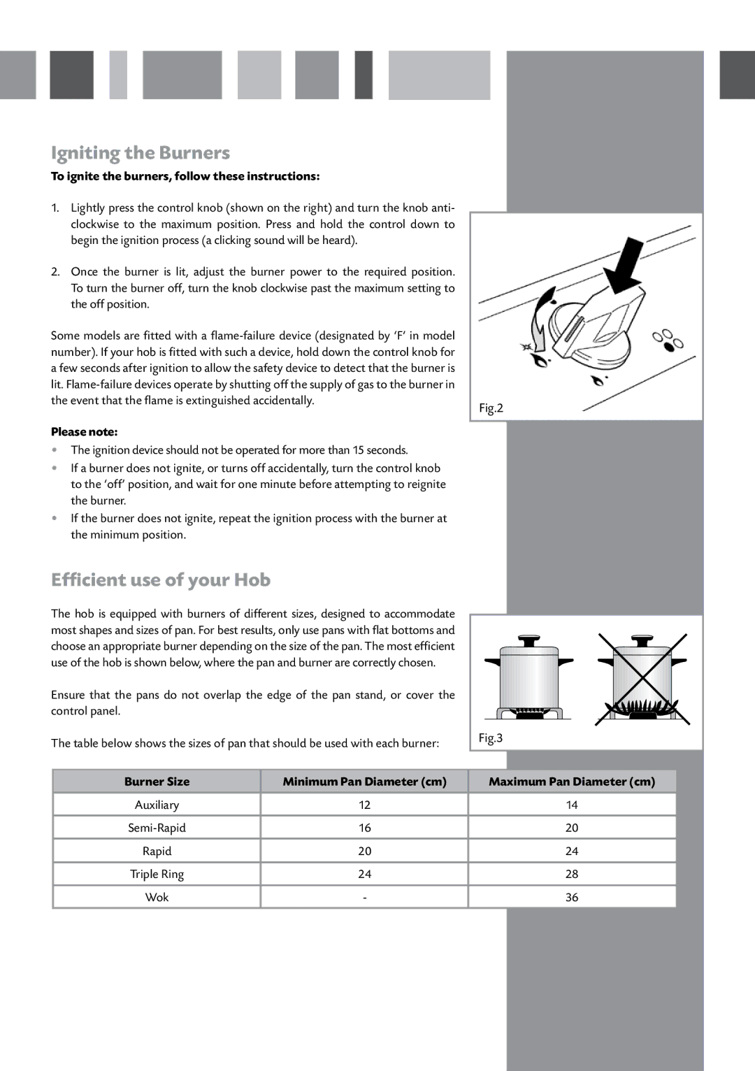 CDA HCG601, HCG621 manual Igniting the Burners, Efficient use of your Hob, To ignite the burners, follow these instructions 