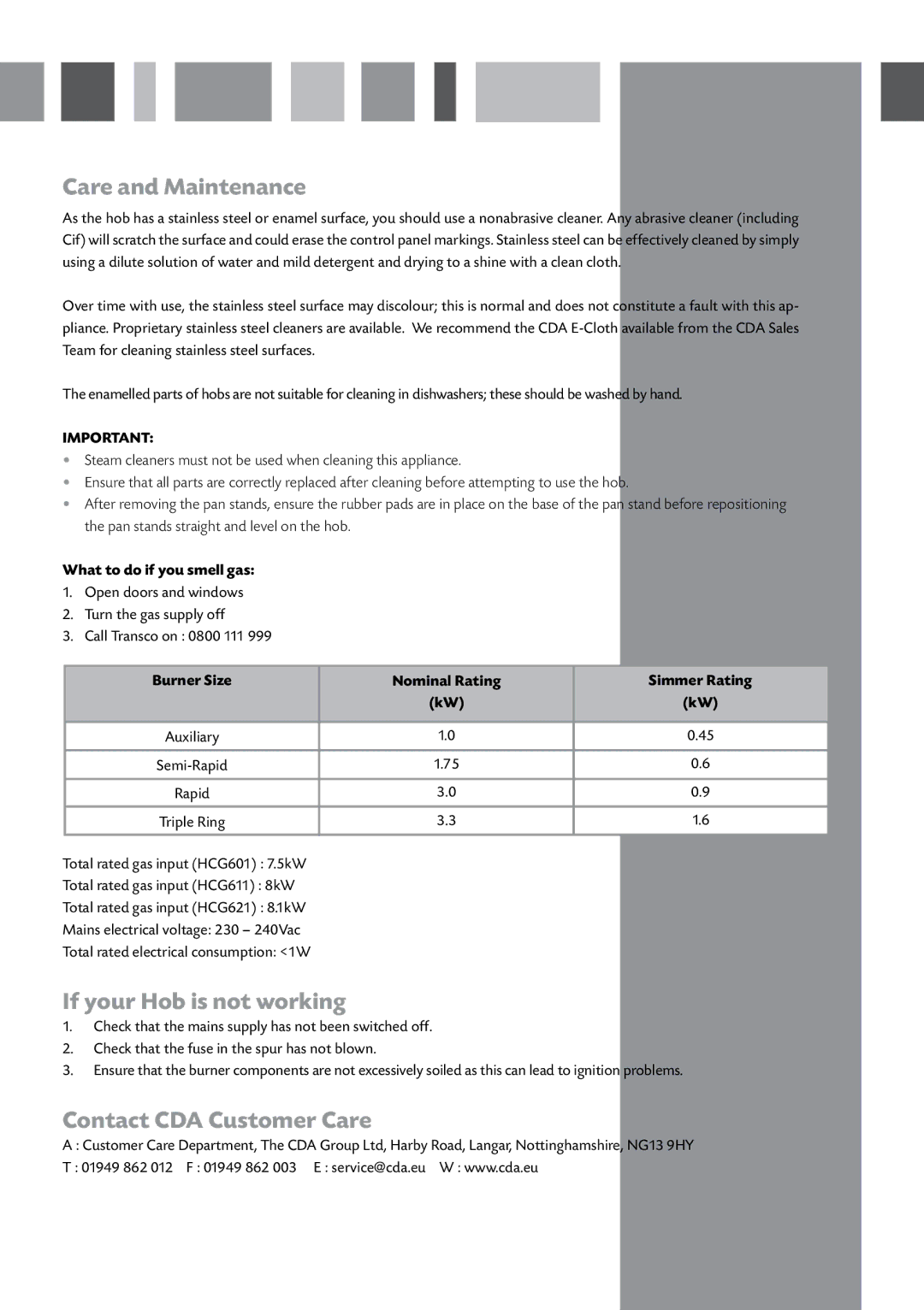 CDA HCG621 manual Care and Maintenance, If your Hob is not working, Contact CDA Customer Care, What to do if you smell gas 