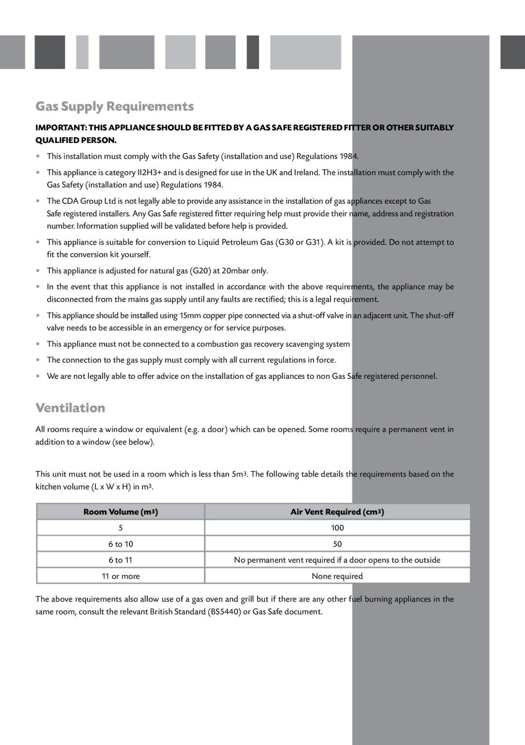 CDA HCG611, HCG621, HCG601 manual Gas Supply Requirements, Ventilation, Room Volume m Air Vent Required cm 