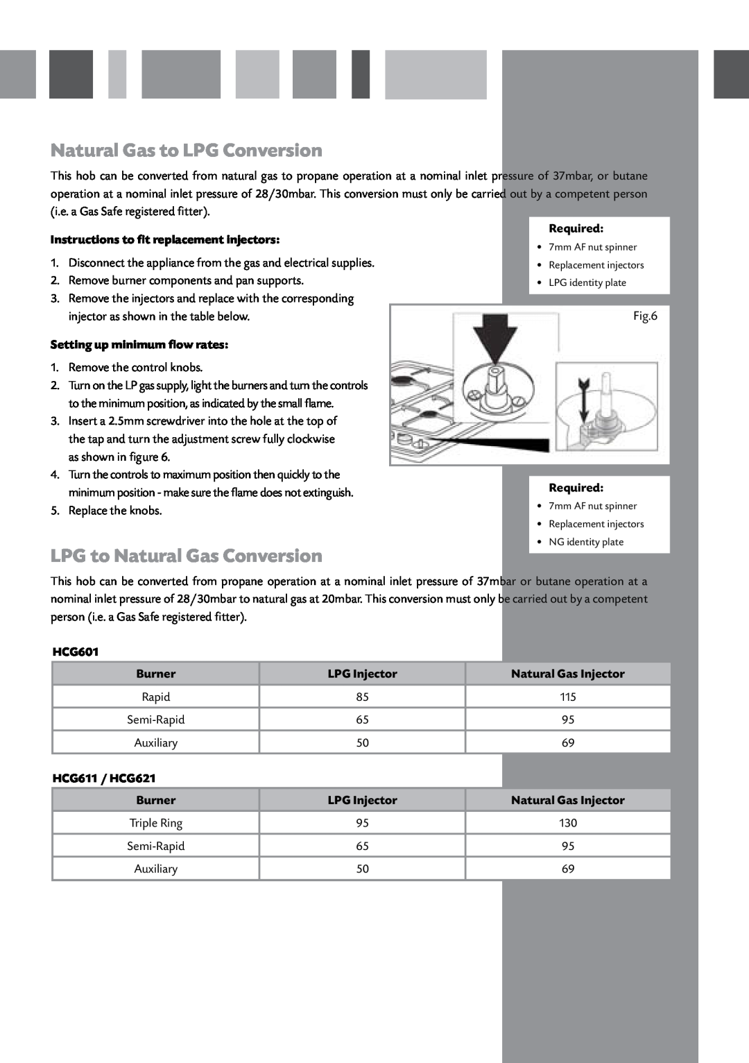 CDA HCG621, HCG601, HCG611 manual Natural Gas to LPG Conversion, LPG to Natural Gas Conversion 