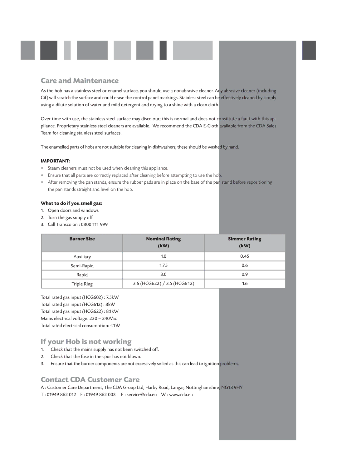 CDA HCG622 manual Care and Maintenance, If your Hob is not working, Contact CDA Customer Care, What to do if you smell gas 