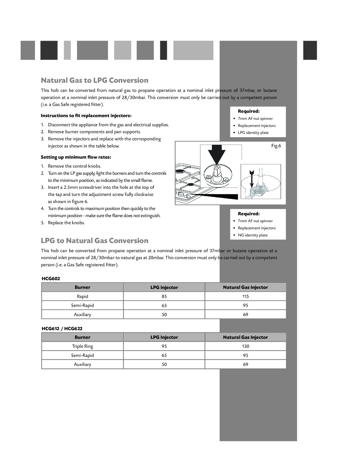 CDA HCG622, HCG612, HCG602 manual Natural Gas to LPG Conversion, LPG to Natural Gas Conversion 