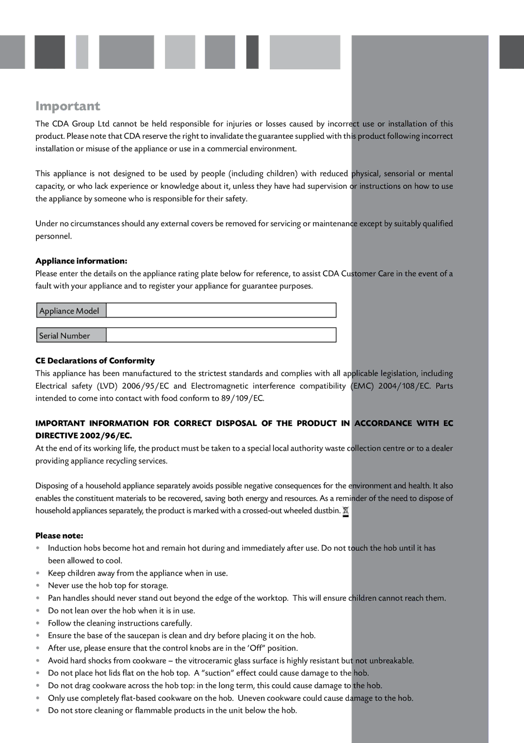 CDA HCN610 manual Appliance information, CE Declarations of Conformity, Please note 