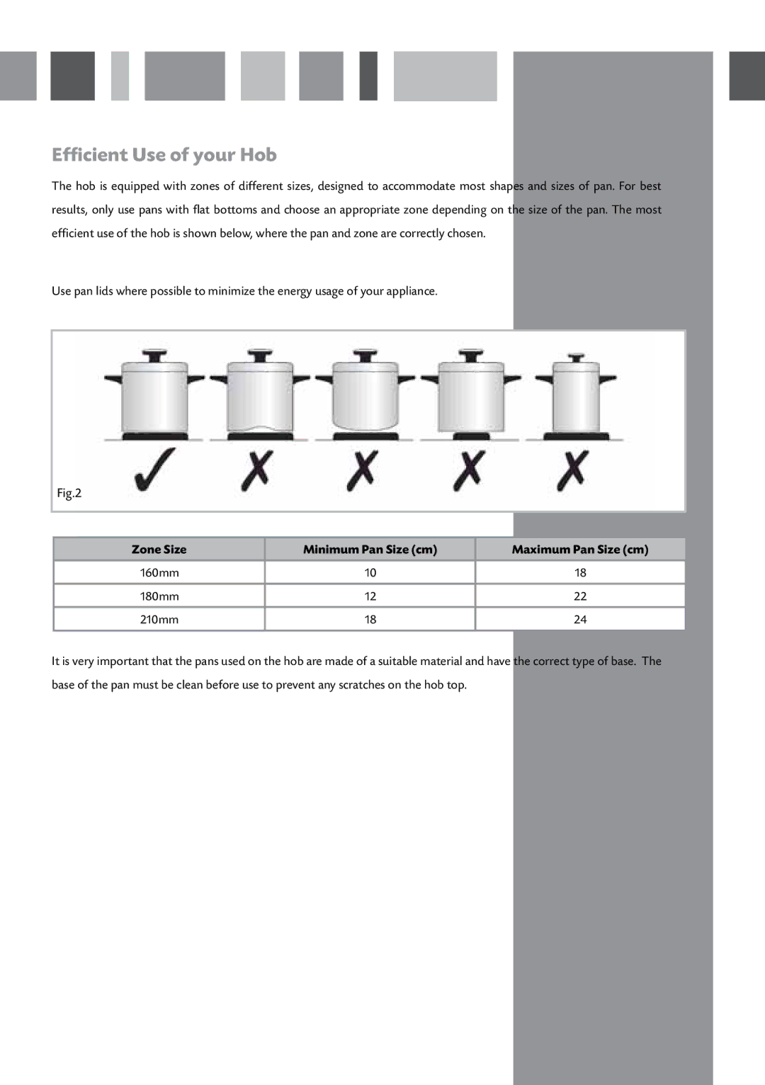 CDA HCN610 manual Efficient Use of your Hob, Zone Size Minimum Pan Size cm Maximum Pan Size cm 