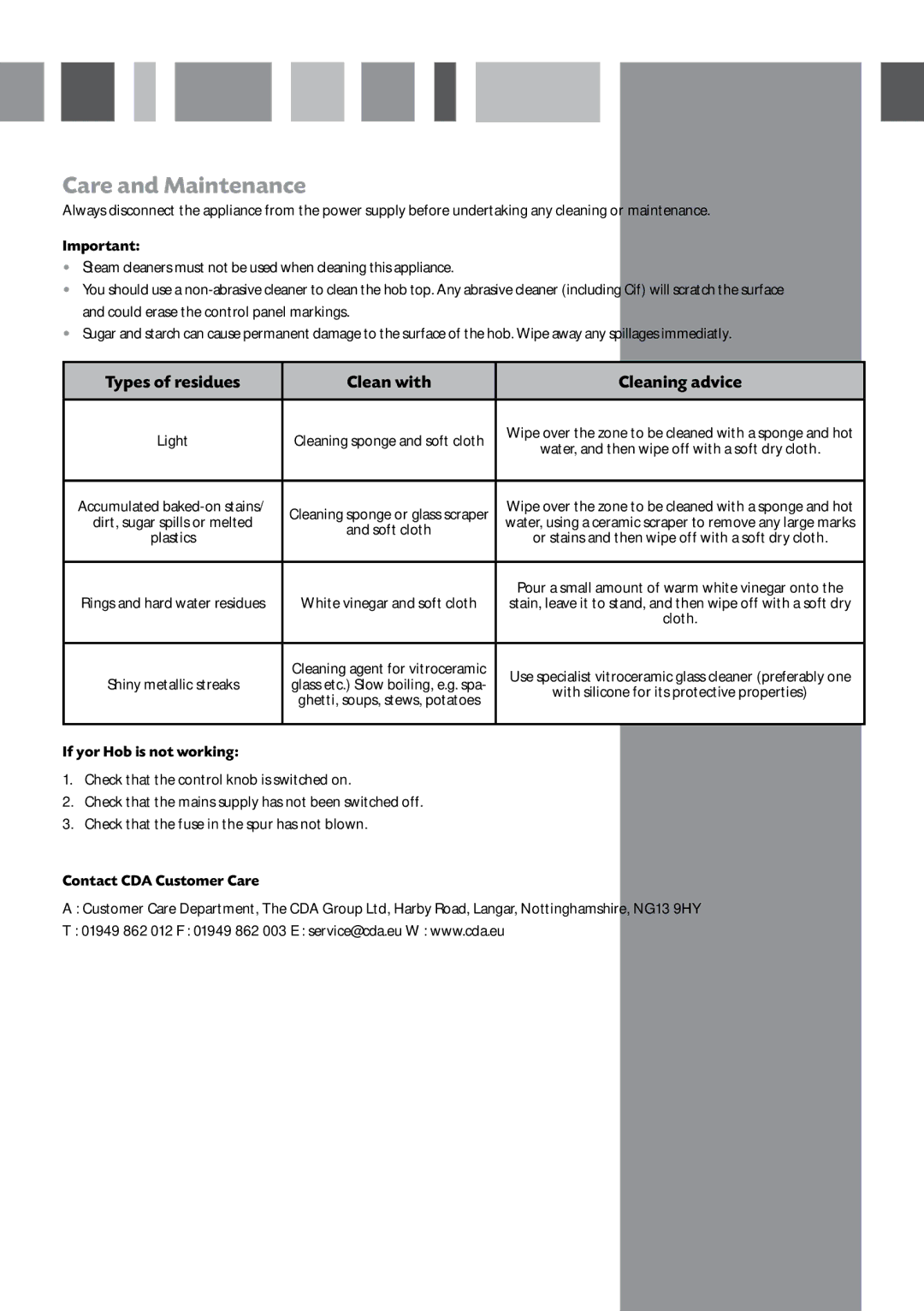 CDA HCN610 manual Care and Maintenance, If yor Hob is not working, Contact CDA Customer Care 