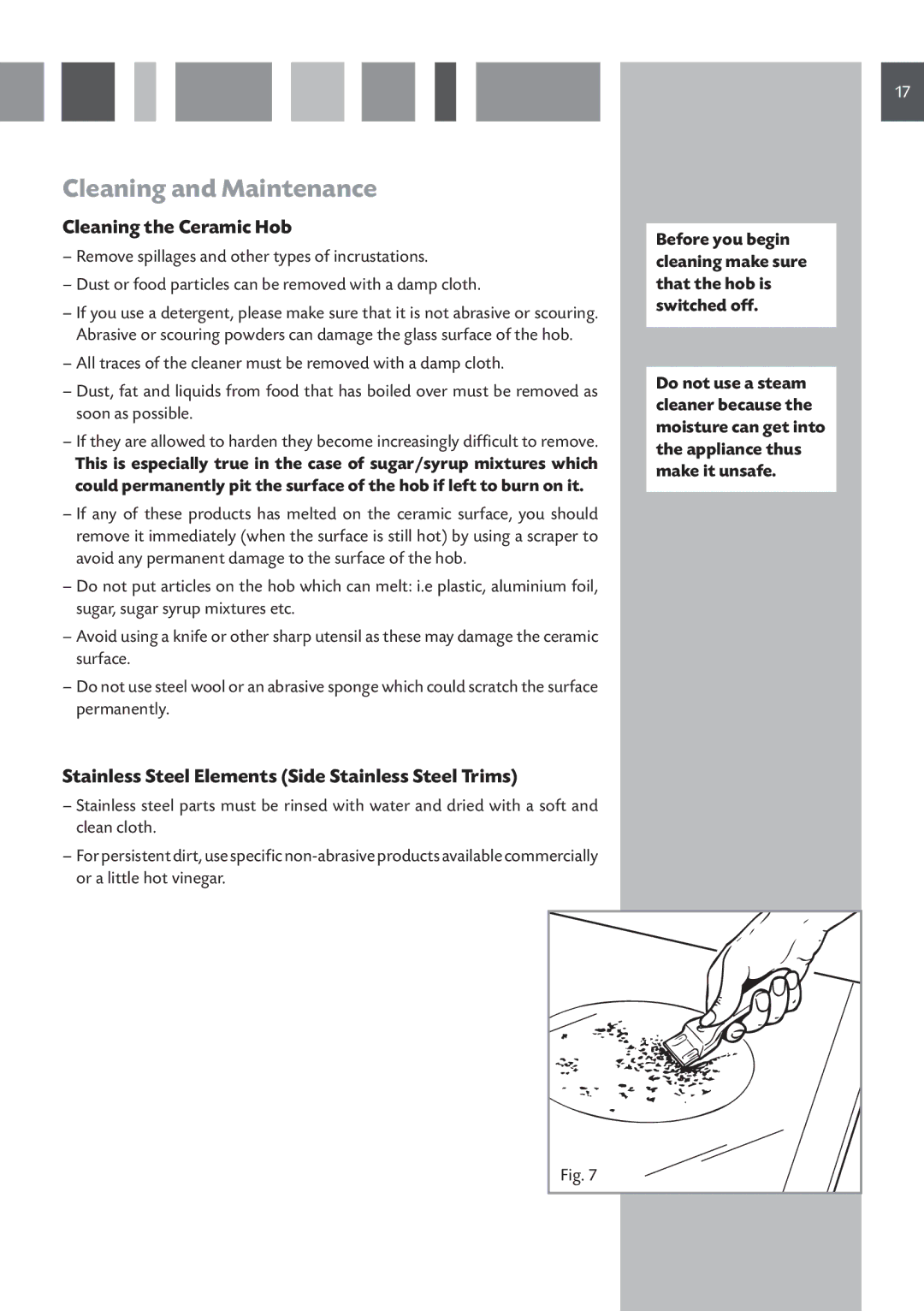 CDA HVC 32 manual Cleaning and Maintenance, Cleaning the Ceramic Hob, Stainless Steel Elements Side Stainless Steel Trims 