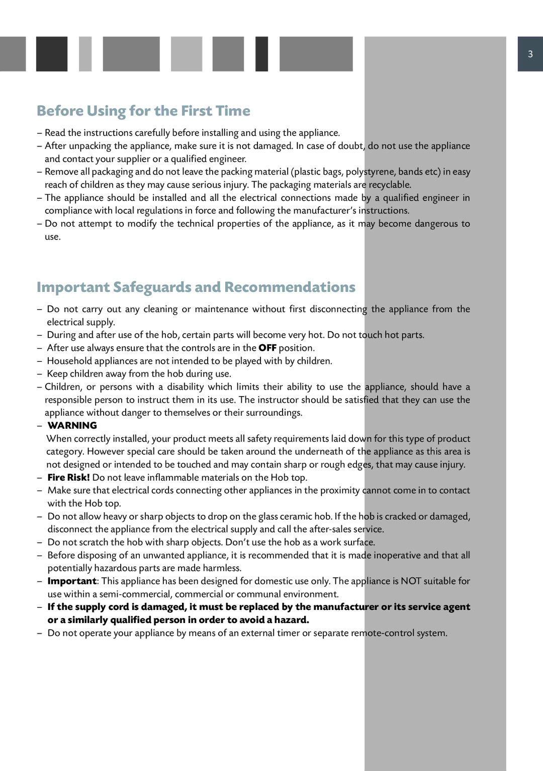 CDA HVC 32 manual Before Using for the First Time, Important Safeguards and Recommendations 