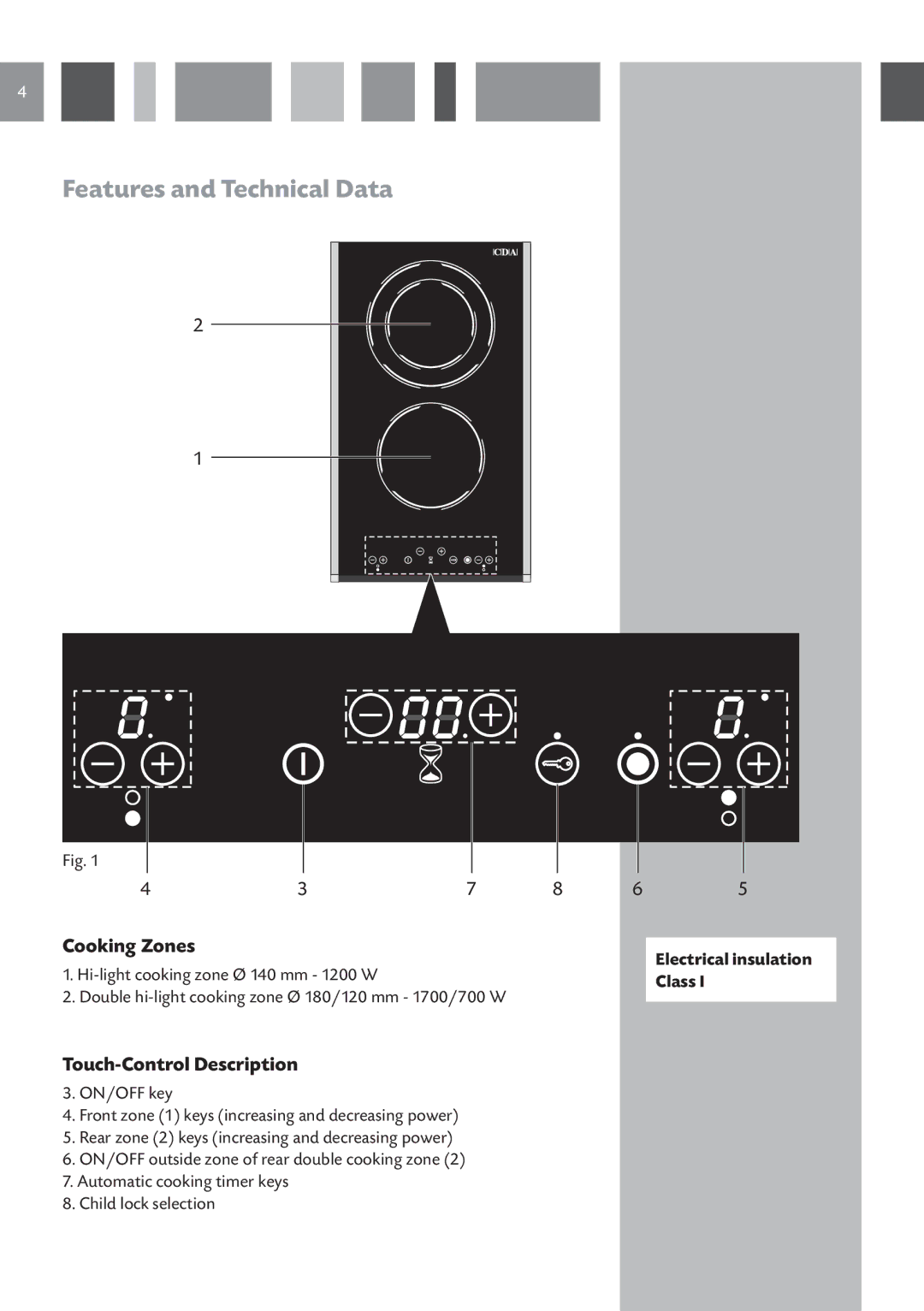 CDA HVC 32 manual Features and Technical Data, Cooking Zones, Touch-Control Description 