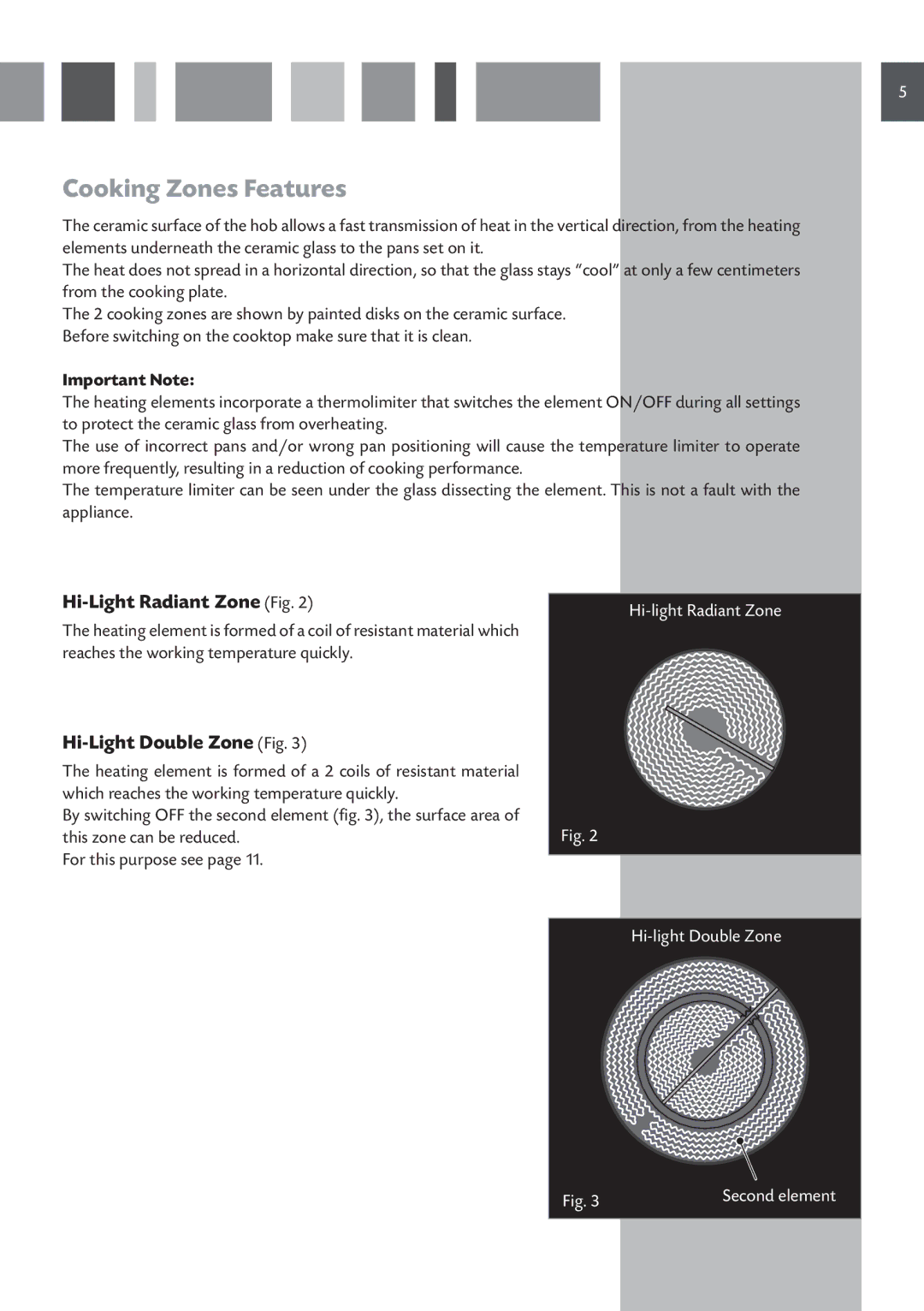 CDA HVC 32 manual Cooking Zones Features, Hi-Light Radiant Zone Fig, Hi-Light Double Zone Fig 